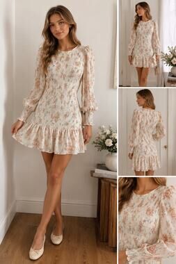 Storia Cream Floral Long Sleeve Mini Dress Romantic Size S
